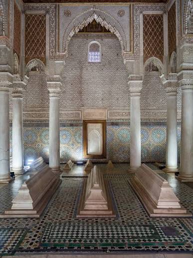 The interior of the Saadian Tombs in Marrakech — carved stucco niches, Italian Carrara marble columns and painted cedar ceilings make the Hall of Twelve Columns one of the most refined funerary interiors in the Islamic world, sealed by Alaouite Sultan Moulay Ismail after he came to power and rediscovered only in 1917